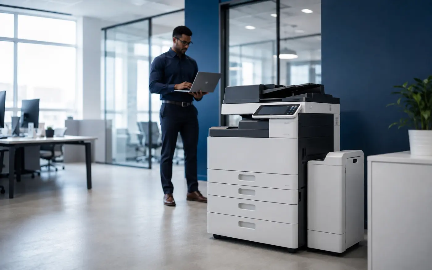 Office professional working beside a managed multifunction printer