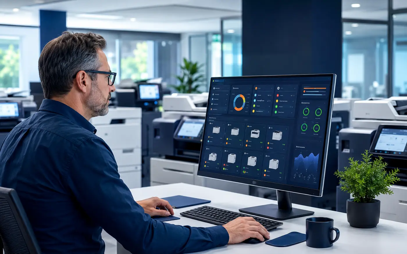 IT manager reviewing printer fleet monitoring information