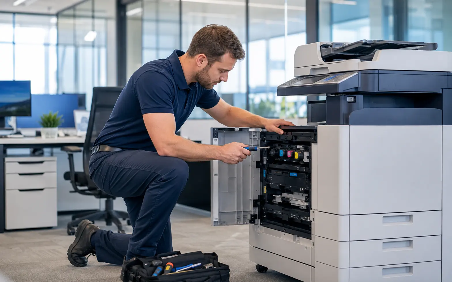 PrinterGuide technician servicing an office multifunction printer
